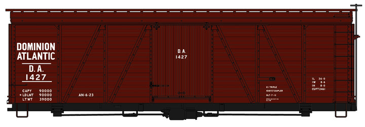 Accurail Dominion Atlantic number 1427 36-foot Fowler wood boxcar HO scale kit