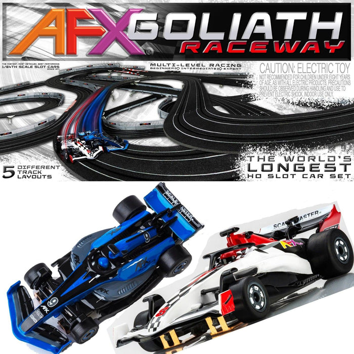 AFX Goliath Raceway HO slot car set with two Mega G+ Formula cars