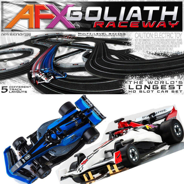 AFX Goliath Raceway HO slot car set with two Mega G+ Formula cars