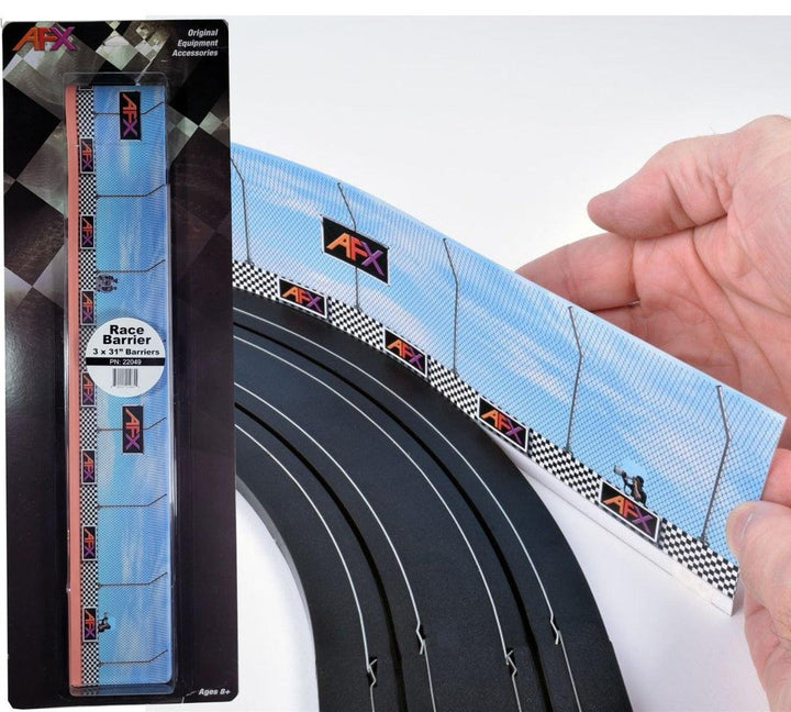 AFX Race Barrier three-piece set installed on HO slot car track