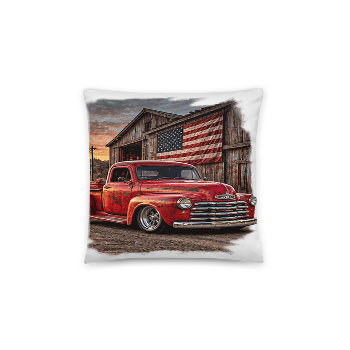 Barn Flag Red Hot Rod Pickup All-Over Print Pillow product mockup