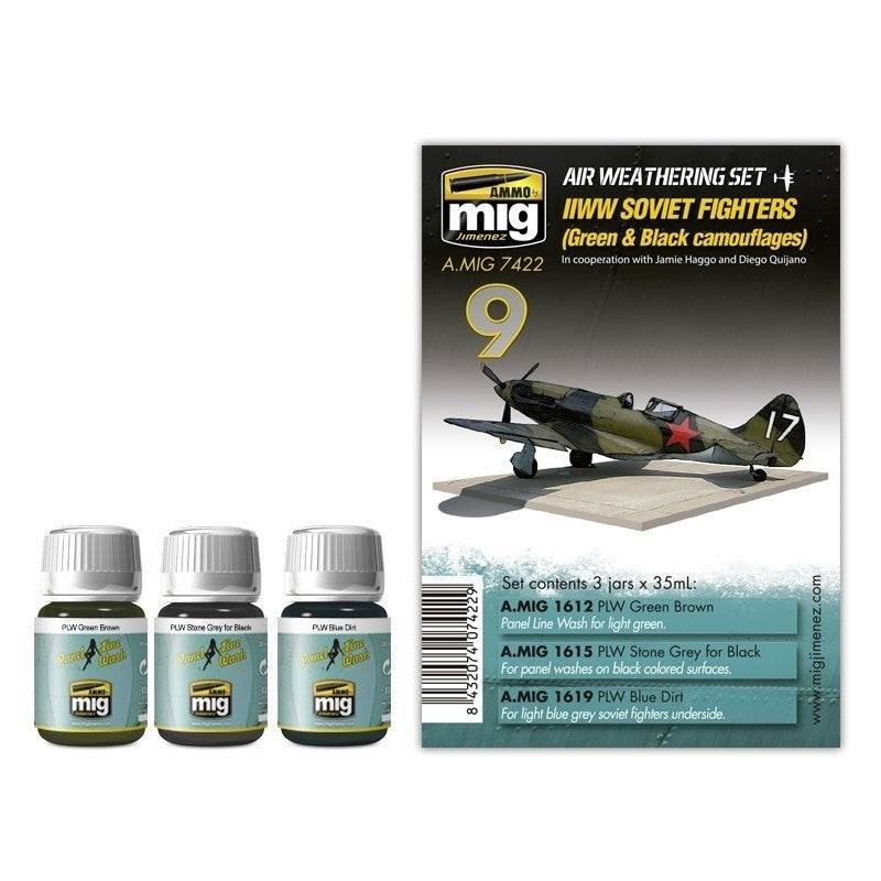 AMMO A.MIG-7422 WWII Soviet Fighters weathering set with three panel line wash bottles