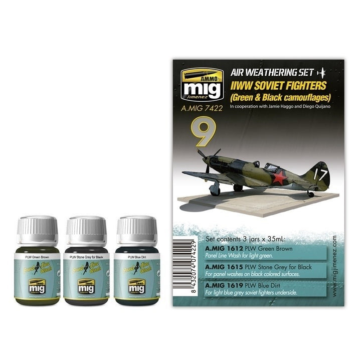 AMMO A.MIG-7422 WWII Soviet Fighters weathering set with three panel line wash bottles