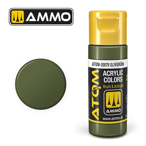 AMMO by Mig Jimenez ATOM-20079 Olivgrün acrylic paint bottle with color swatch.