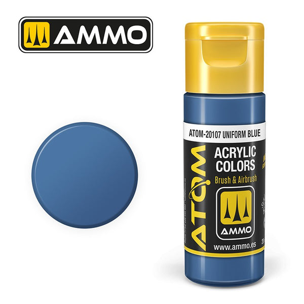 AMMO ATOM 20107 Uniform Blue acrylic paint bottle and color swatch