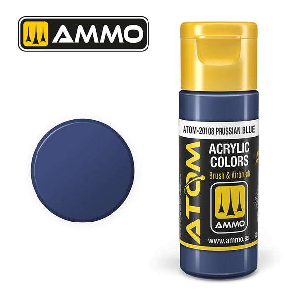 AMMO ATOM 20108 Prussian Blue acrylic paint bottle and color swatch