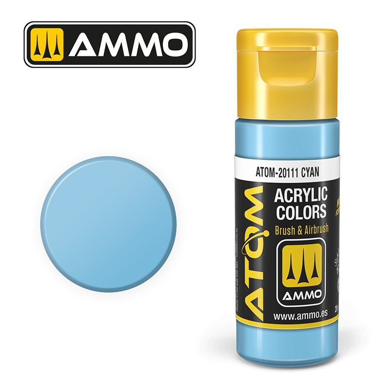 AMMO ATOM 20111 Cyan acrylic paint bottle and color swatch