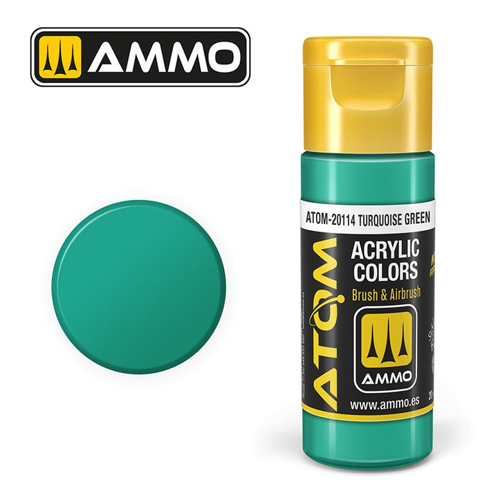 AMMO ATOM 20114 Turquoise Green acrylic paint bottle and color swatch