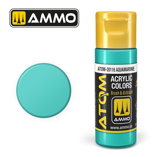 AMMO ATOM 20116 Aquamarine acrylic paint bottle and color swatch