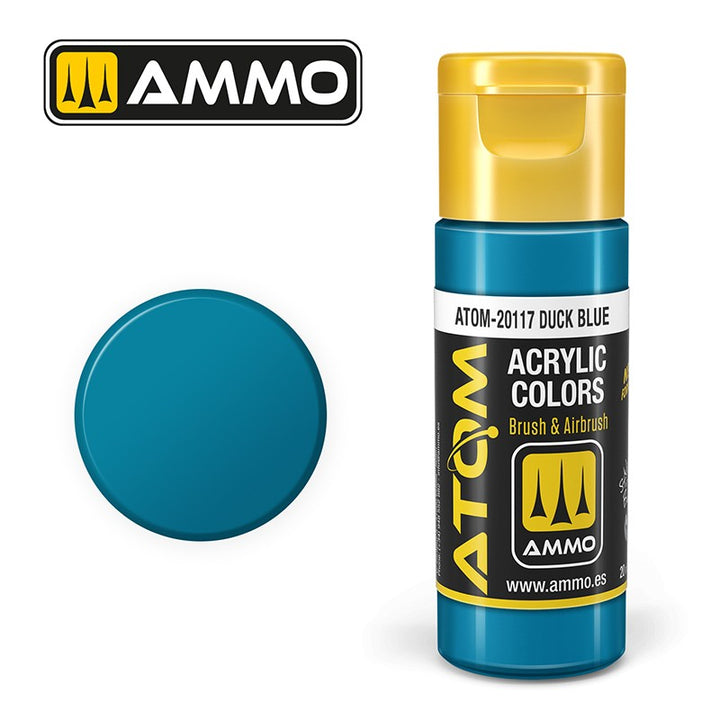 AMMO ATOM 20117 Duck Blue acrylic paint bottle and color swatch