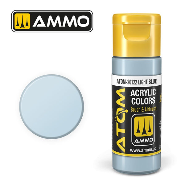 AMMO ATOM-20122 Light Blue acrylic paint bottle and manufacturer color swatch.