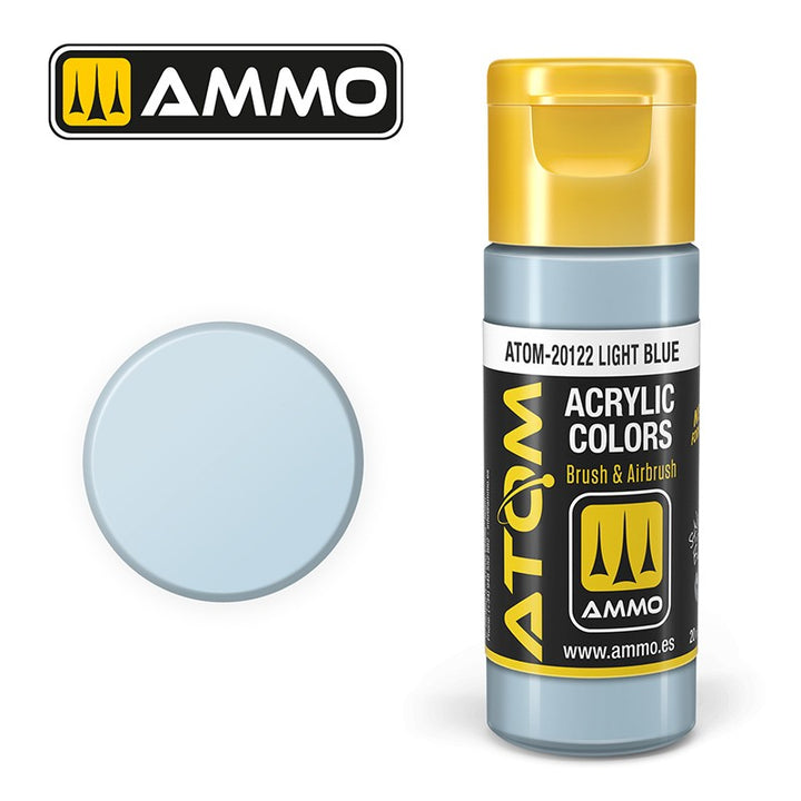 AMMO ATOM-20122 Light Blue acrylic paint bottle and manufacturer color swatch.