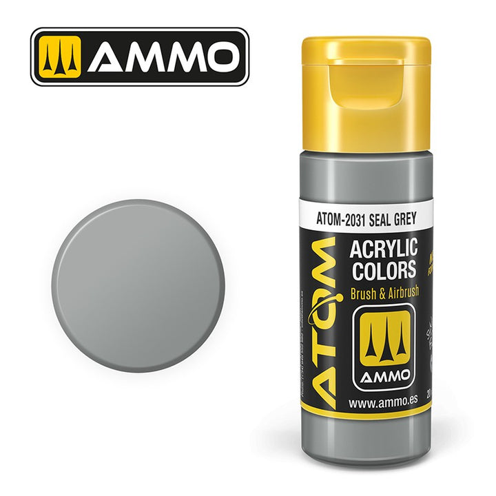 AMMO ATOM-20131 Seal Grey acrylic paint bottle and manufacturer color swatch.