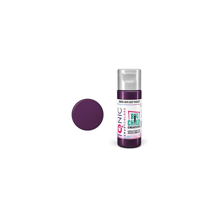 AMMO by Mig Jimenez IONIC-0076 Deep Violet acrylic paint bottle with color swatch.