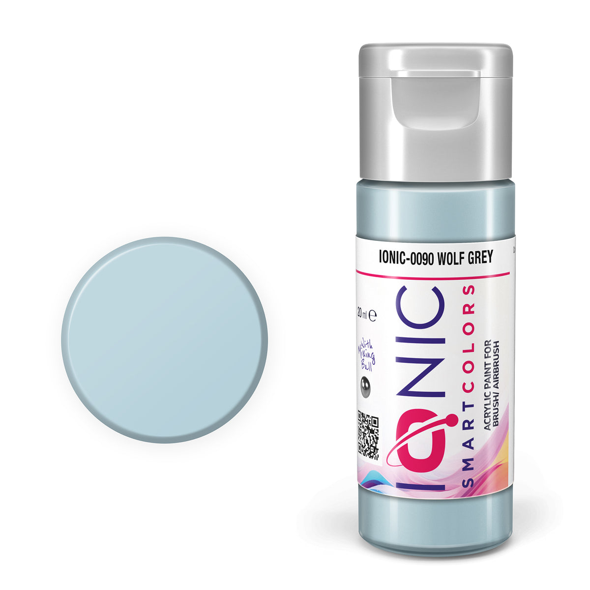 AMMO by Mig Jimenez IONIC-0090 Wolf Grey acrylic paint bottle with color swatch.
