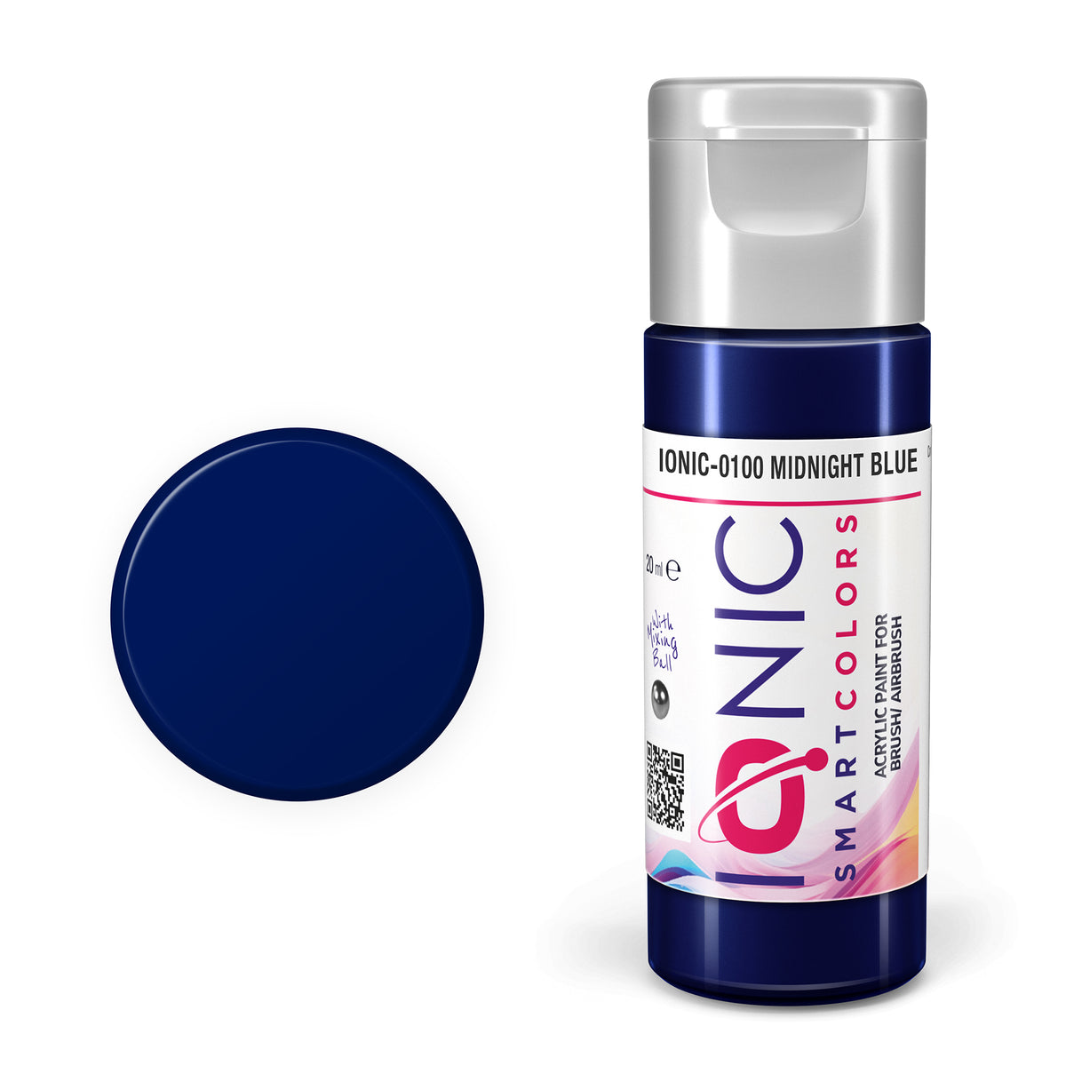 AMMO by Mig Jimenez IONIC-0100 Midnight Blue acrylic paint bottle with color swatch.