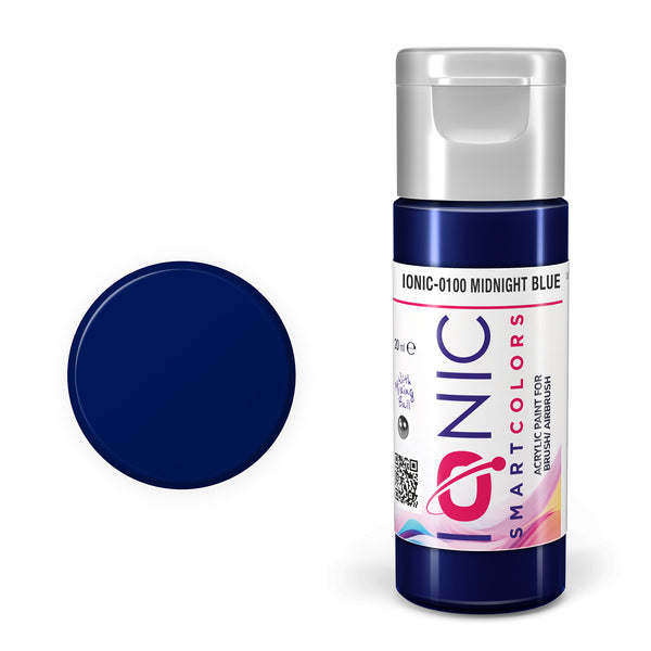 AMMO by Mig Jimenez IONIC-0100 Midnight Blue acrylic paint bottle with color swatch.