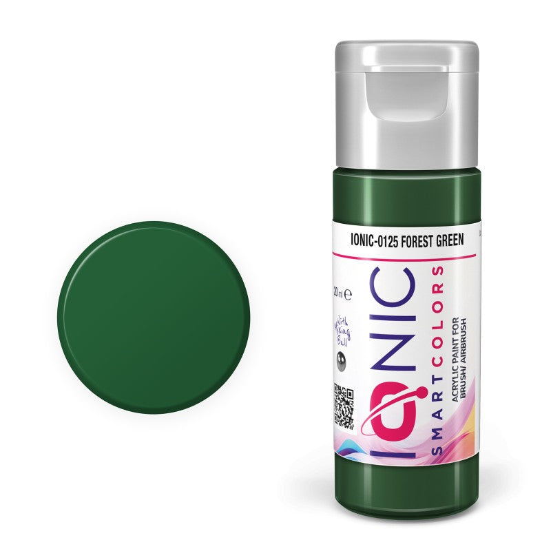AMMO IONIC-0125 Forest Green acrylic paint bottle and manufacturer color swatch.