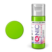 AMMO IONIC-0130 Laser Green acrylic paint bottle and manufacturer color swatch.