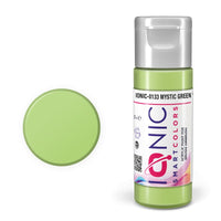 AMMO IONIC-0133 Mystic Green acrylic paint bottle and manufacturer color swatch.