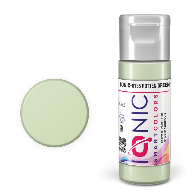 AMMO IONIC-0135 Rotten Green acrylic paint bottle and manufacturer color swatch.