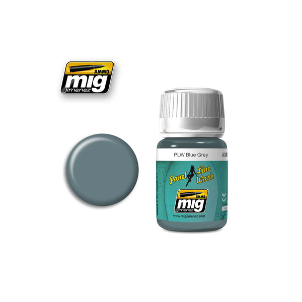 AMMO by Mig Jimenez A.MIG-1613 PLW Blue Grey panel line wash bottle with color swatch.