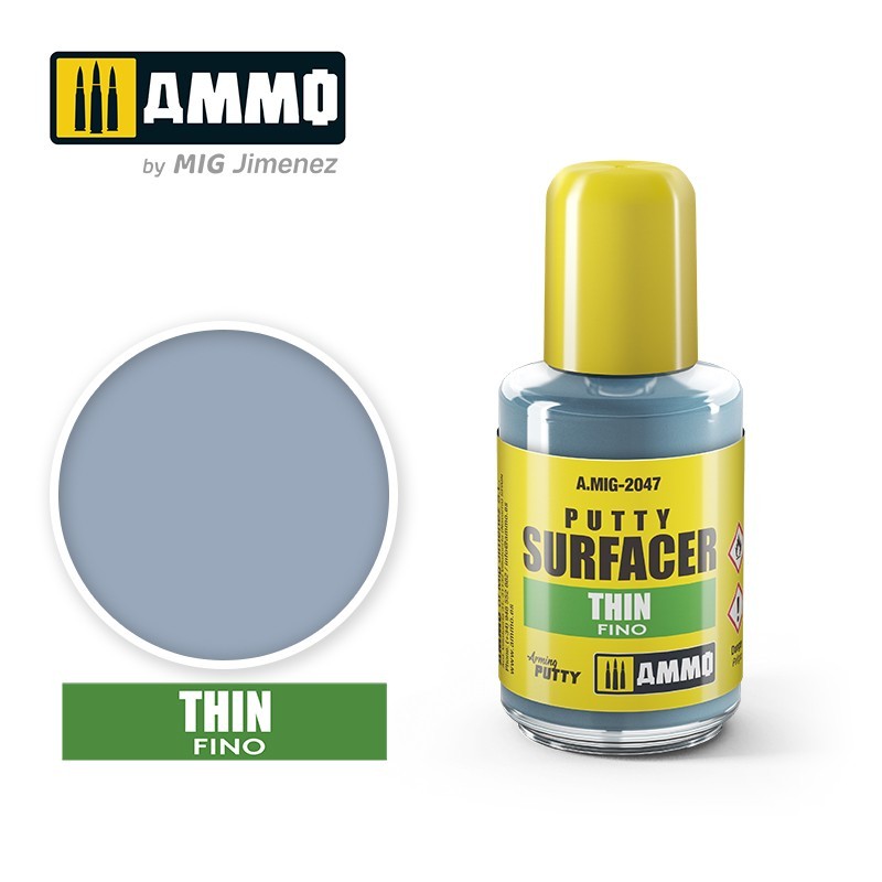 AMMO by MIG Jimenez A.MIG-2047 Putty Surfacer Thin, manufacturer bottle image and color sample