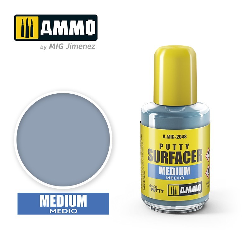 AMMO by MIG Jimenez A.MIG-2048 Putty Surfacer Medium, manufacturer bottle image and color sample