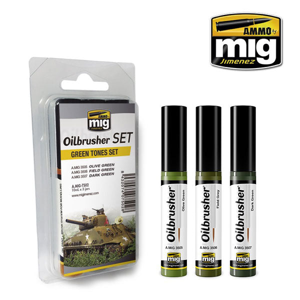 AMMO A.MIG-7502 Green Tones set with three 10 ml Oilbrusher colors