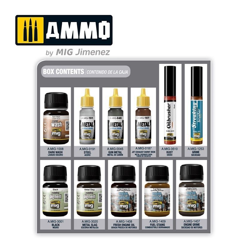 AMMO by Mig Jimenez A.MIG-7804 Super Pack Weathering for Engines, box contents
