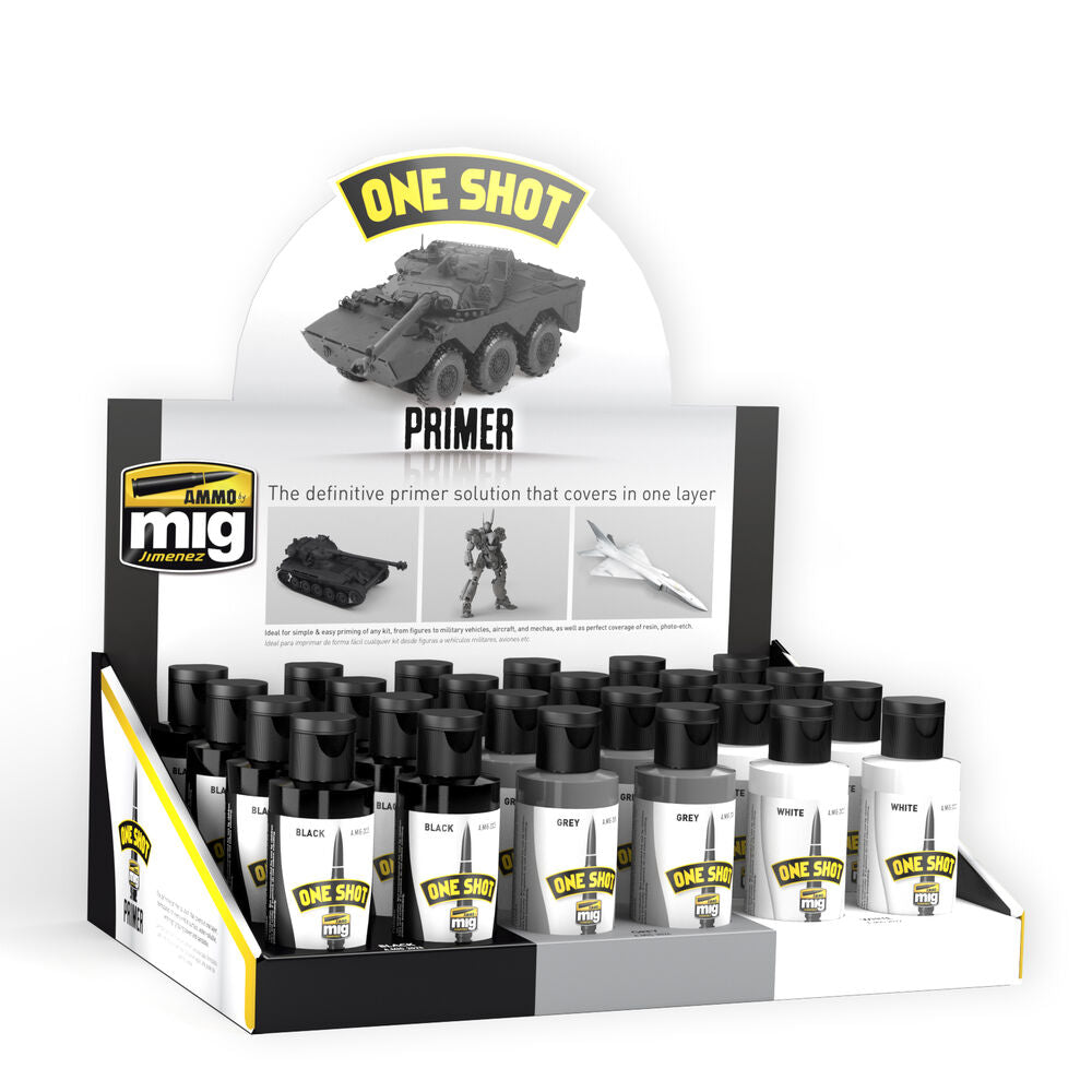 AMMO by Mig Jimenez A.MIG-8155 One Shot Primer retail display rack, black, grey, and white primers