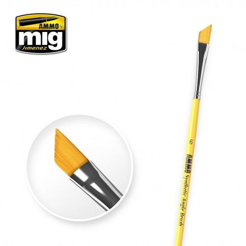 AMMO by Mig Jimenez A.MIG-8607 No. 6 synthetic angle brush with yellow handle.