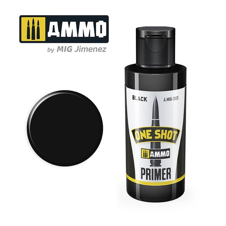 AMMO A.MIG-2023 One Shot Black Primer bottle and color swatch