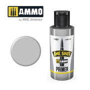 AMMO A.MIG-2024 One Shot Grey Primer bottle and color swatch