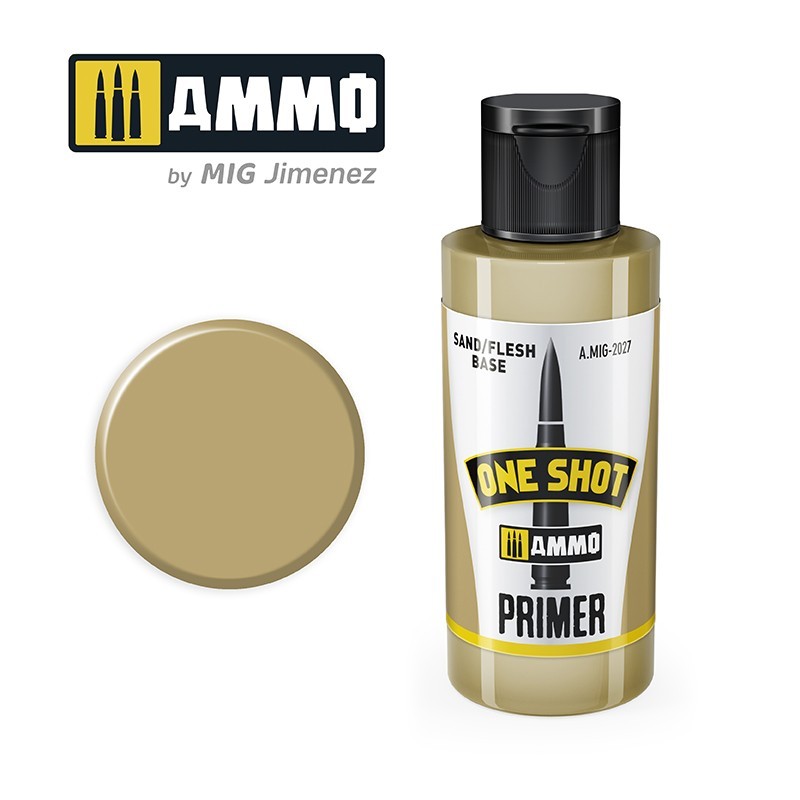AMMO A.MIG-2027 One Shot Sand/Flesh Primer bottle and color swatch
