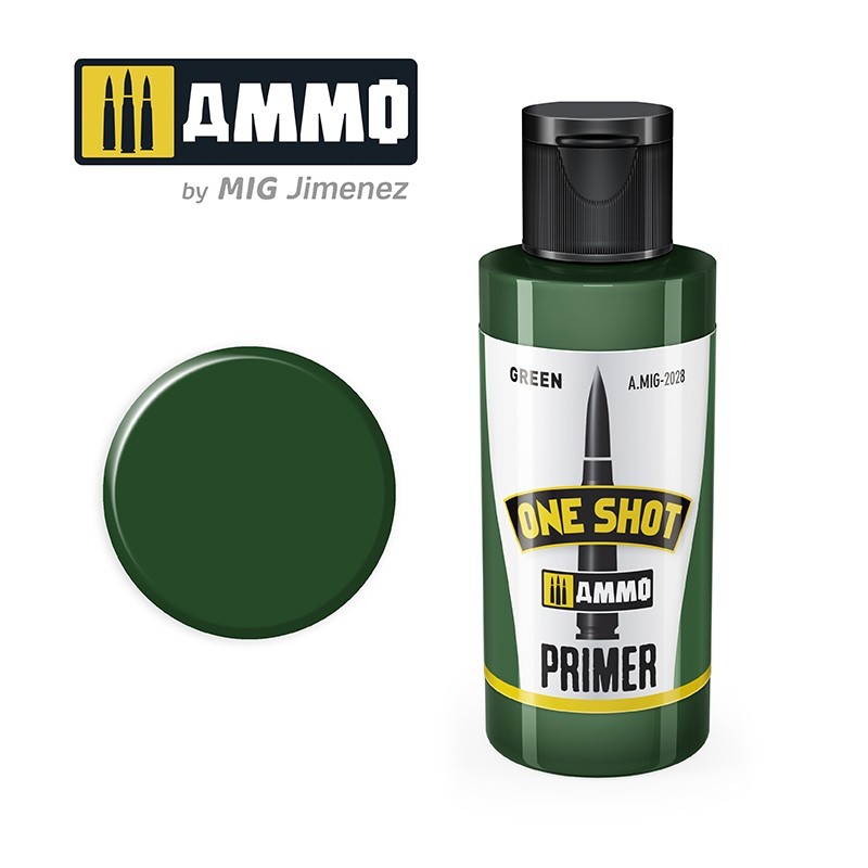 AMMO A.MIG-2028 One Shot Green Primer bottle and color swatch