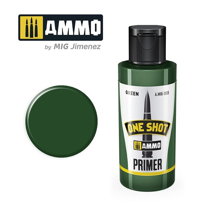 AMMO A.MIG-2028 One Shot Green Primer bottle and color swatch