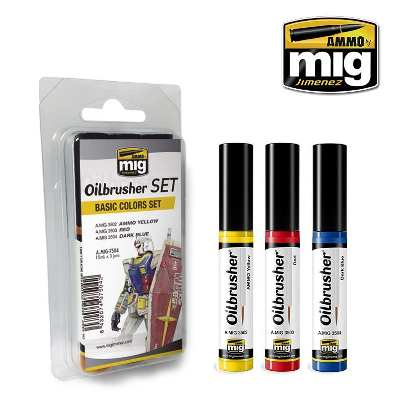 AMMO A.MIG-7504 Basic Colors Oilbrusher set packaging and three Yellow, Red and Dark Blue 10 ml bottles