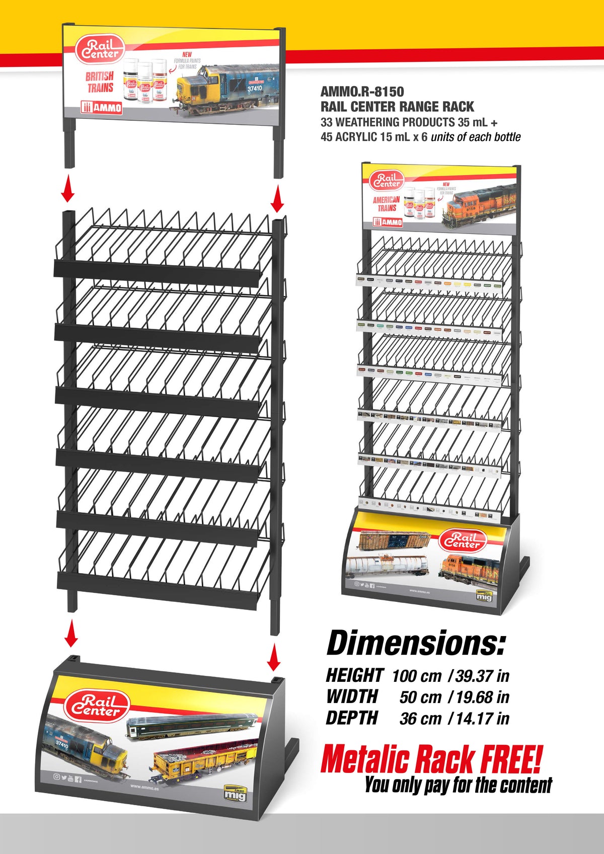 AMMO by Mig Jimenez AMMO.R-8150 Rail Center Range Rack display with weathering and acrylic paint product layout