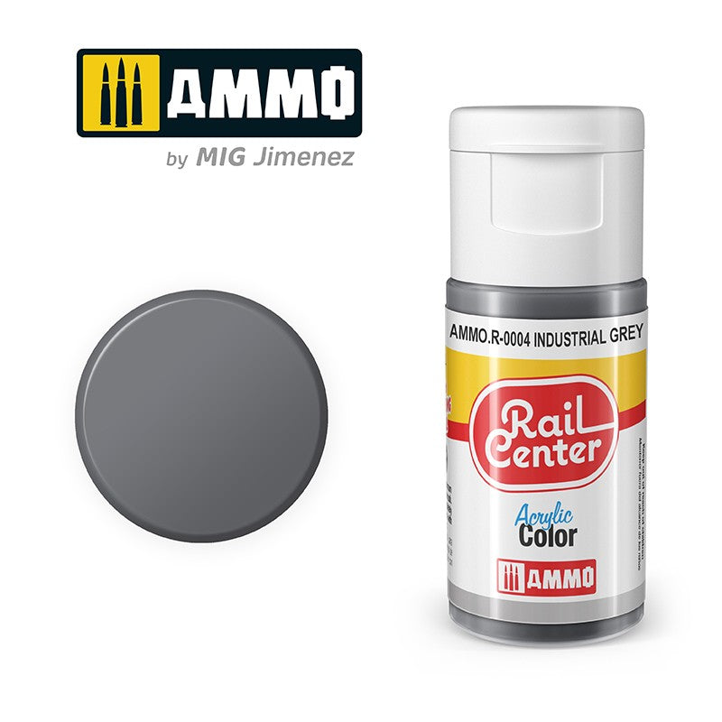 AMMO Rail Center R-0004 Industrial Grey acrylic paint bottle and color swatch