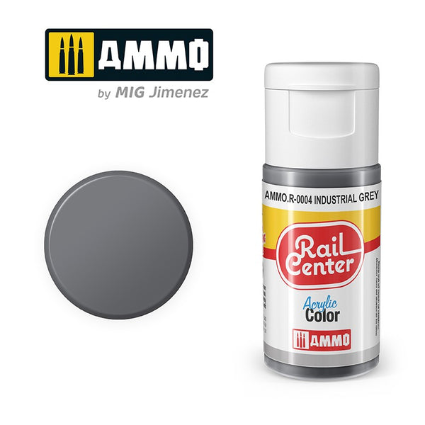 AMMO Rail Center R-0004 Industrial Grey acrylic paint bottle and color swatch
