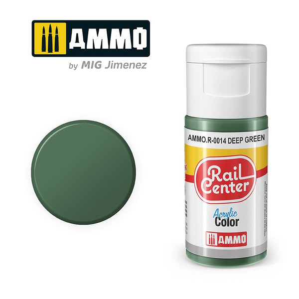 AMMO Rail Center R-0014 Deep Green acrylic paint bottle and color swatch