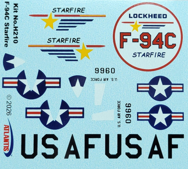 Atlantis F-94C Starfire H210 included waterslide decal sheet