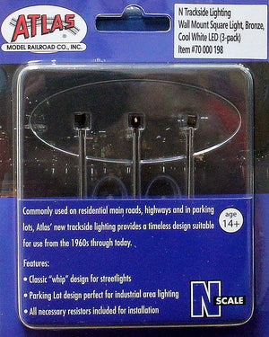 Atlas 70000198 N scale bronze wall-mount square lights with cool-white LED, labeled three-pack