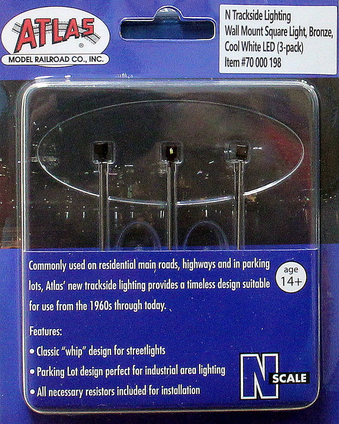 Atlas 70000198 N scale bronze wall-mount square lights with cool-white LED, labeled three-pack