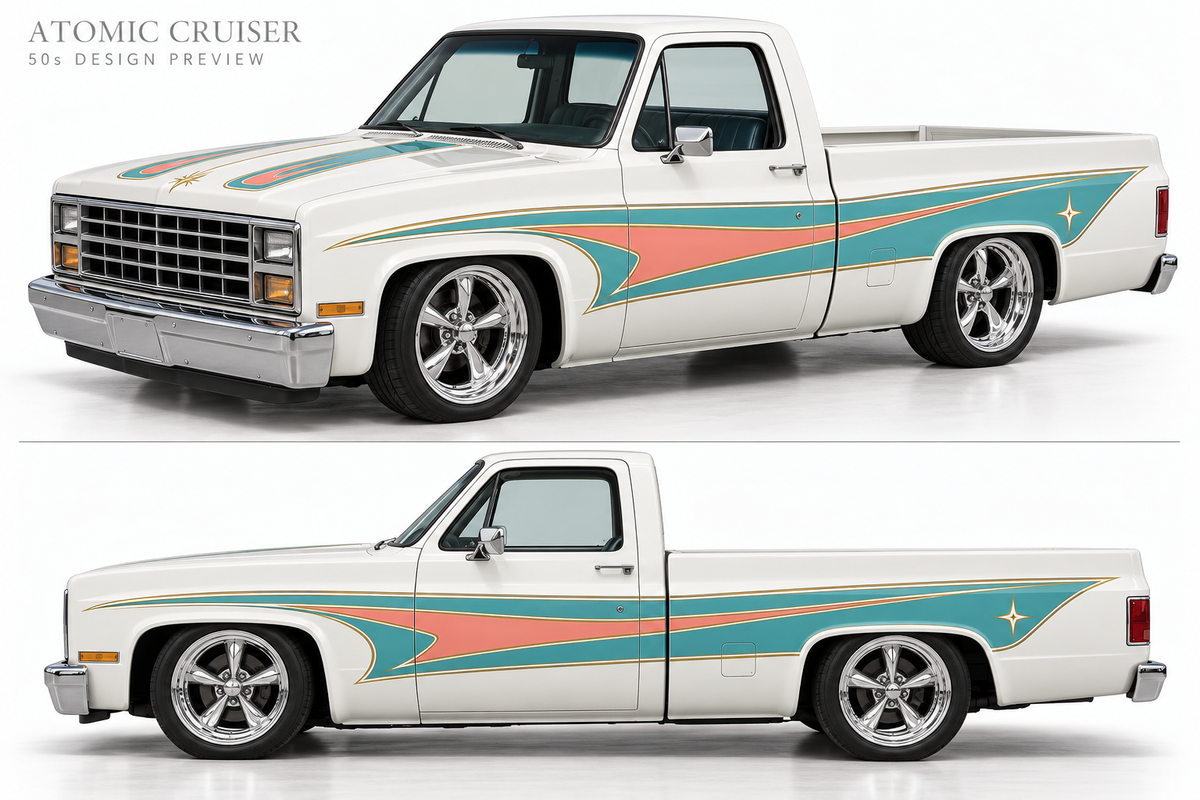 Atomic Cruiser 1950s inspired turquoise and coral decal mockup on white 83 Silverado