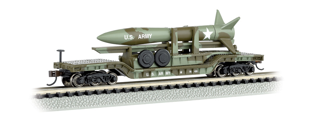 Bachmann N 52-Foot Depressed-Center Flat Car with Missile, Olive Drab — product view 1