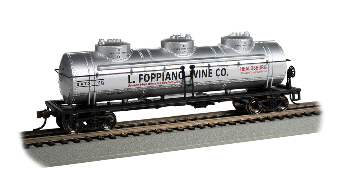 Bachmann HO Scale 40-Foot Three-Dome Tank Car - L. Foppiano Wine Co. #1112– product image