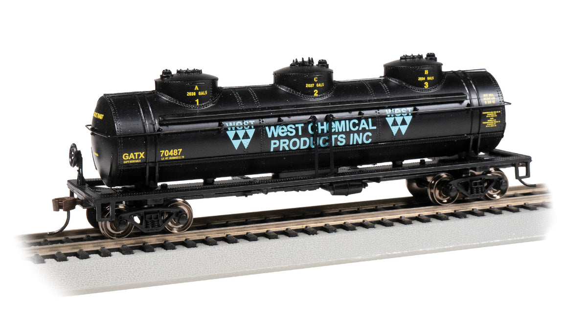 Bachmann HO Scale 40-Foot Three-Dome Tank Car - West Chemical Products #70487– product image
