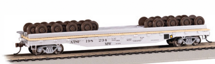 Bachmann HO Scale 52' Wheel Flatcar with Wheel Load - Santa Fe #198234 – 18937 — retailer product view